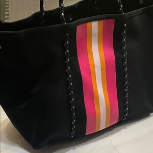 Elegant Black Tote with Vibrant Stripes